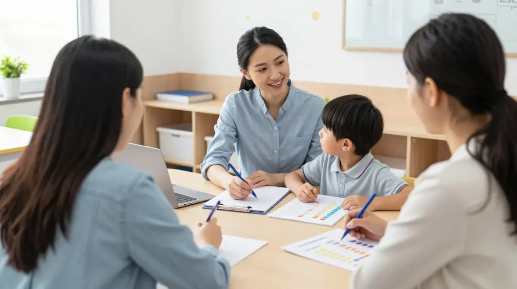 Parents discussing Abacus admission with trainer