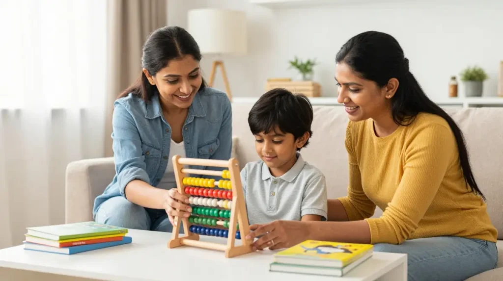 Parent helping child practice abacus at home