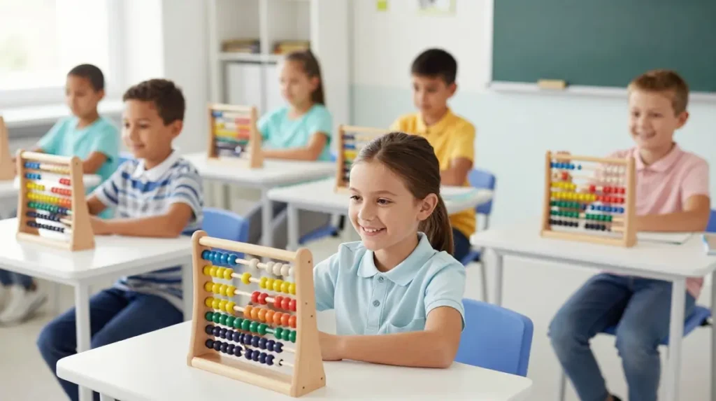 Children practicing mental math using an abacus