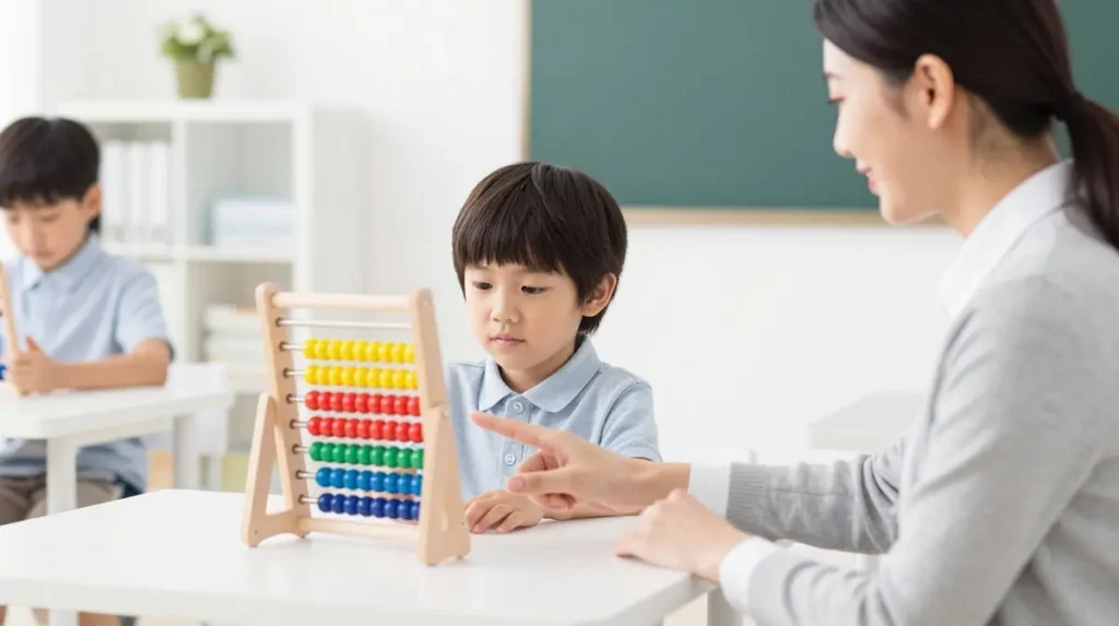 Child learning beginner abacus math using a colorful counting frame