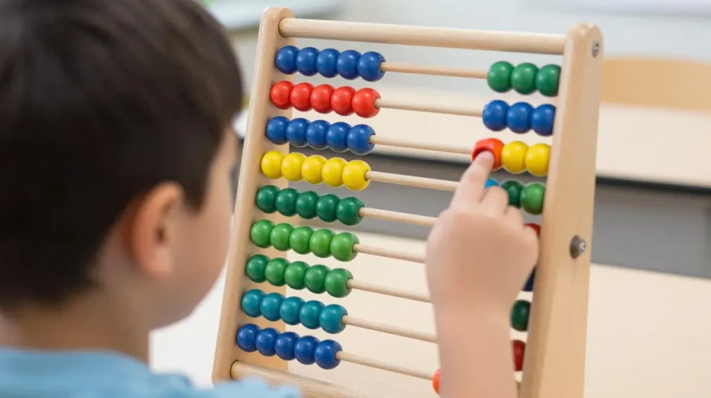 Children solving mental arithmetic problems in an abacus classroom