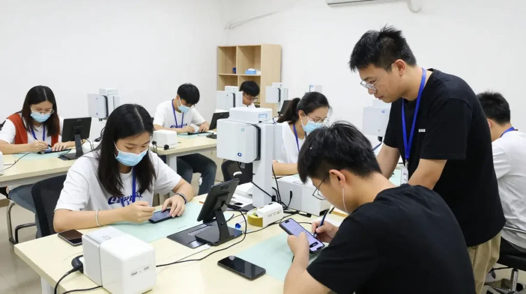 Students learning practical mobile phone repair skills