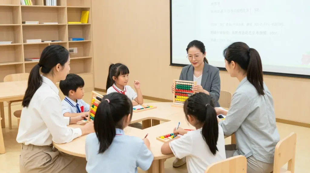 Certified abacus trainer teaching students in a modern classroom