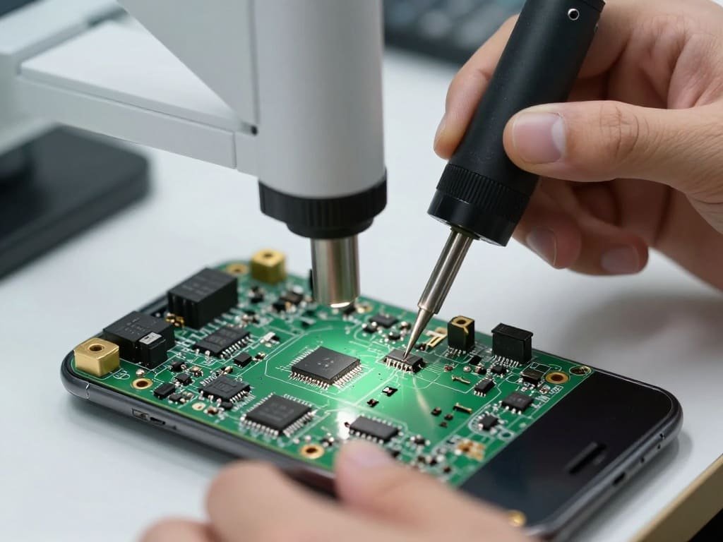 Technician performing chip-level mobile motherboard repair