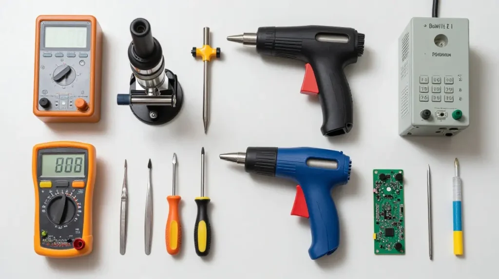 Professional technician performing chip-level motherboard repair