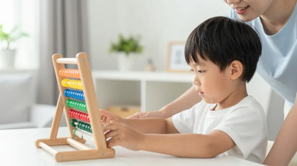 Child practicing beginner abacus exercises at home with parent support