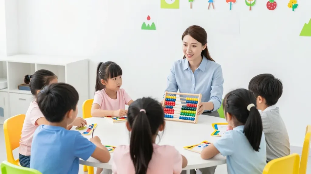 Child practicing abacus at home with parental support