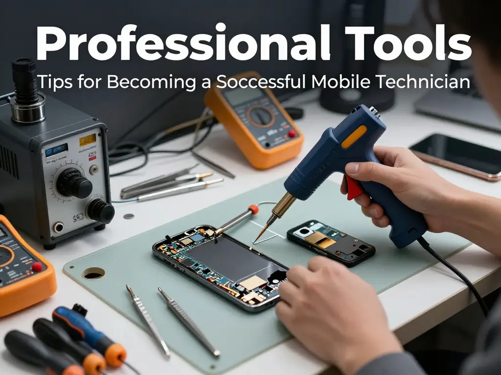 Professional mobile technician repairing smartphones in a service center
