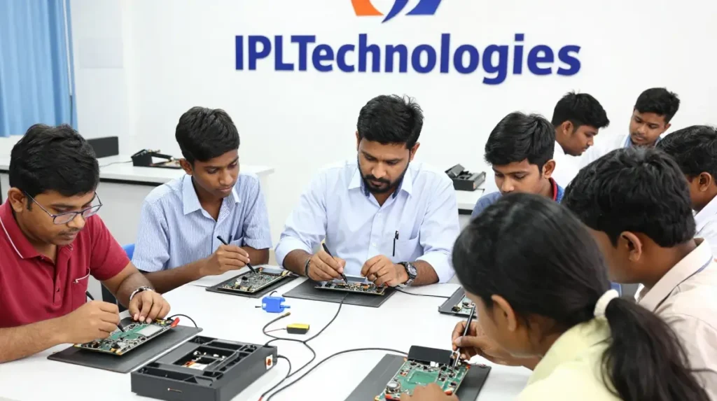 Students working on real customer smartphones during live project mobile service training