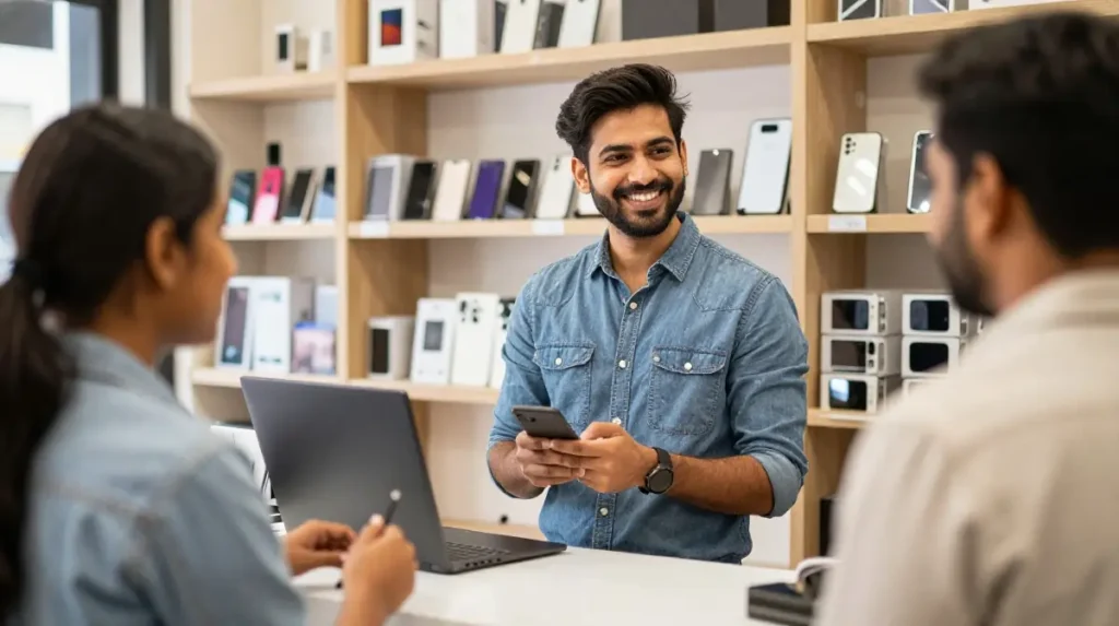 Successful mobile repair shop owner assisting customers