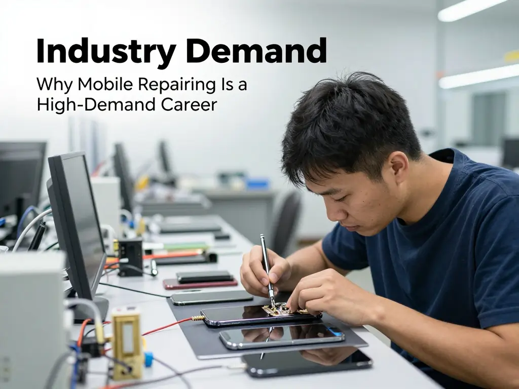Certified mobile repair technician working in a professional smartphone service center