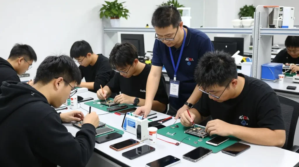 Students practicing chip-level mobile repair