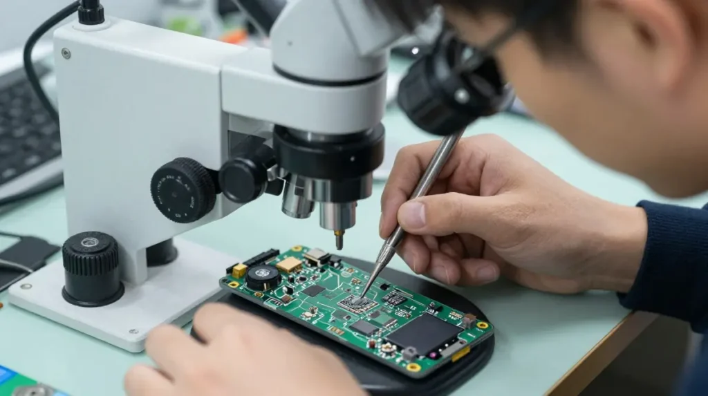 Students learning hardware troubleshooting and soldering