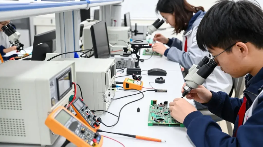 Students learning chip level mobile repair techniques