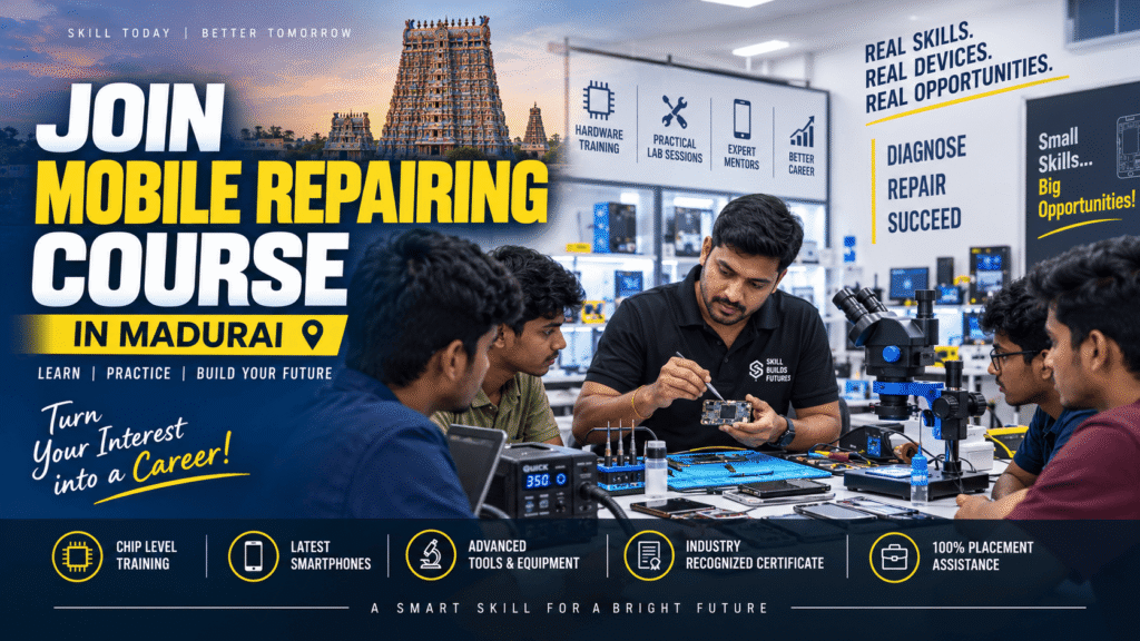 Student learning mobile repairing course in Madurai using professional repair tools