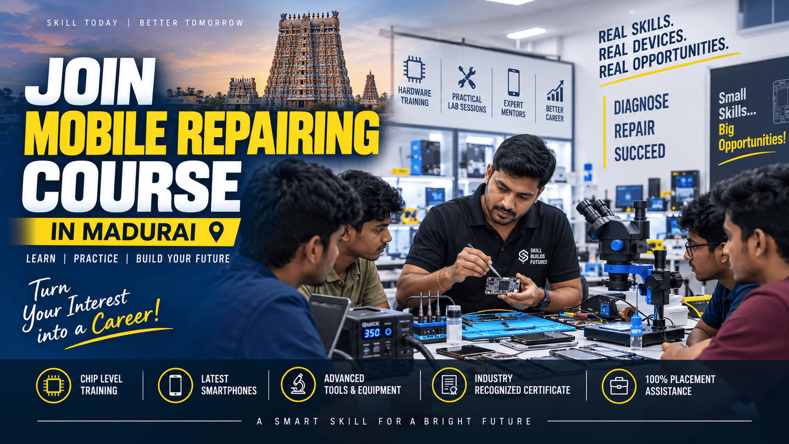 Student learning mobile repairing course in Madurai using professional repair tools