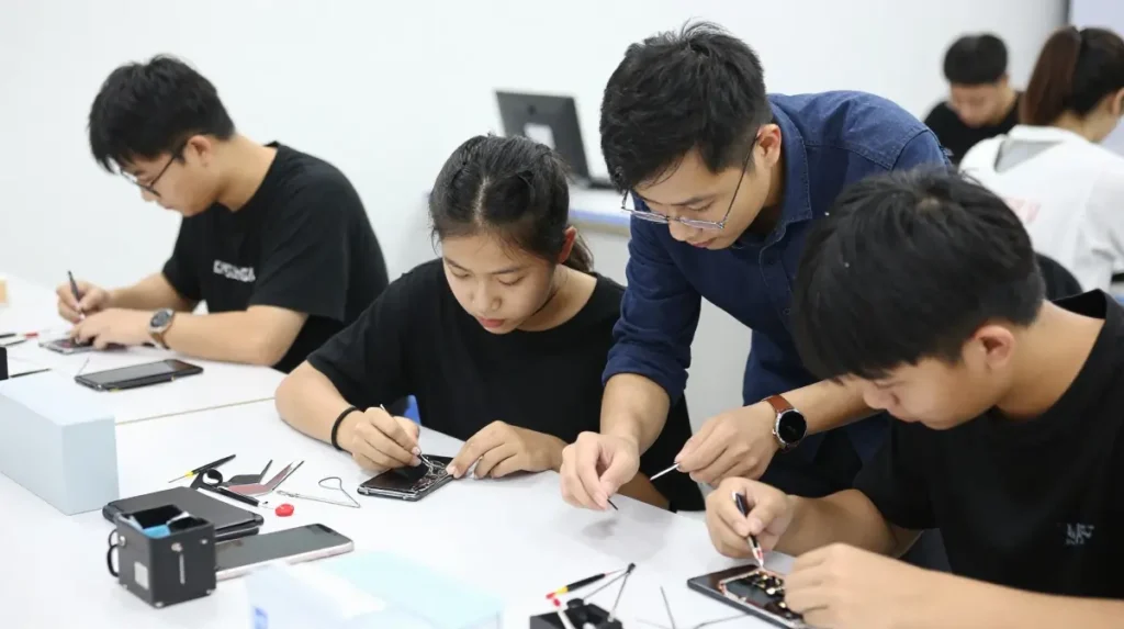 Students attending practical mobile service course training