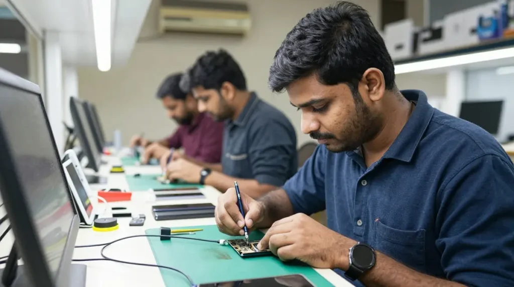 Mobile technician repairing smartphone in a professional service center