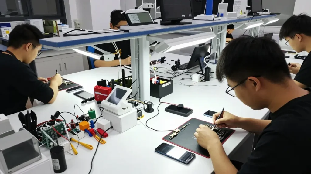 Modern mobile repair laboratory with practical workstations