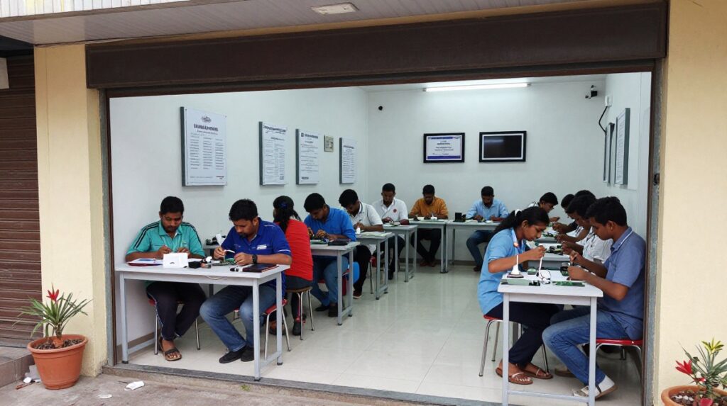 Student learning IC replacement and motherboard soldering