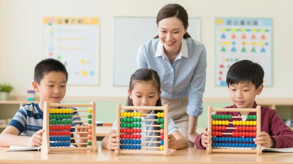Parents helping children practice Abacus at home