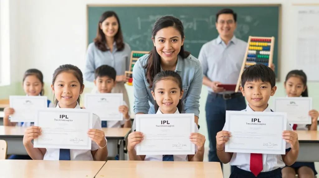 Parents helping children practice Abacus