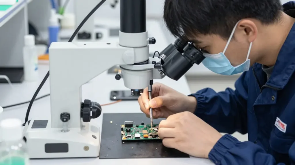Technician repairing damaged smartphone motherboard
