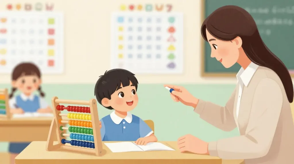 Child learning basic abacus calculations in classroom