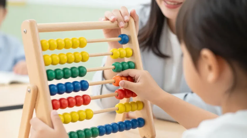 Child using a traditional abacus for mental math learning