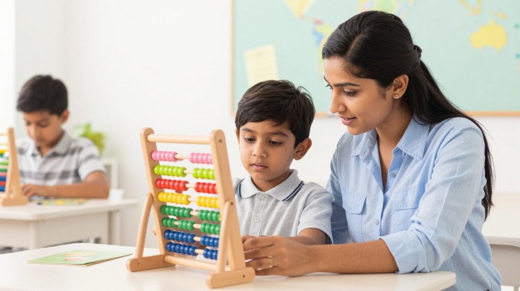 Child learning on a traditional abacus during an abacus class