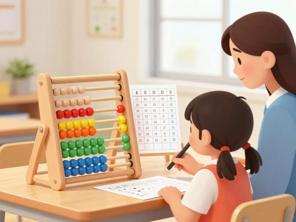 Child learning abacus basics in classroom