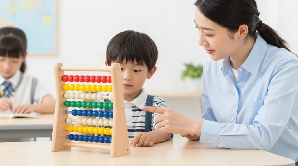 Child learning mental arithmetic using an abacus