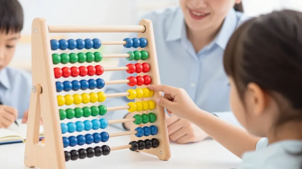 Child learning on a traditional abacus during an abacus course