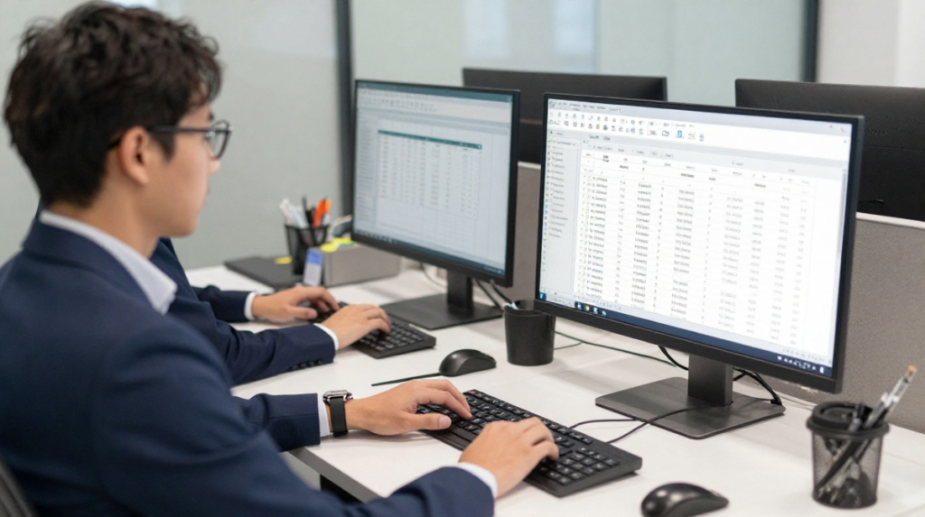 Business professionals using Microsoft Excel for data analysis