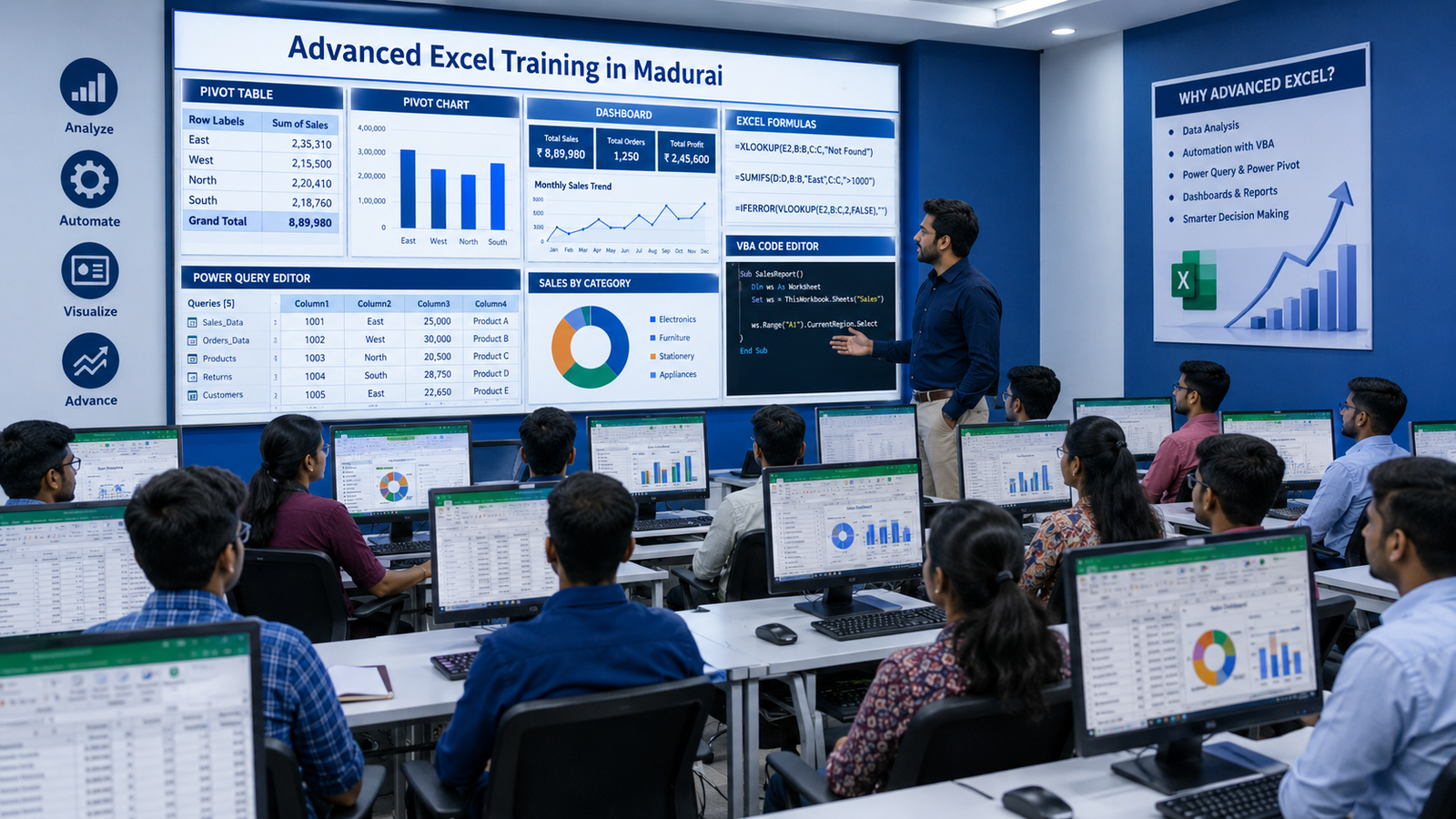 Advanced Excel Training in Madurai classroom with students learning dashboards and PivotTables
