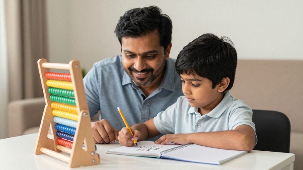 Children learning with an abacus at IPL Abacus Classes in Koodalnagar, Madurai.