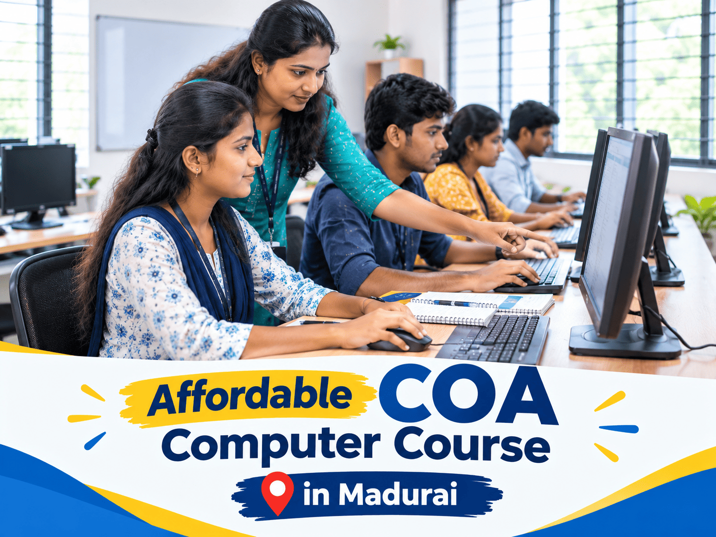 Computer instructor guiding a student during practical training