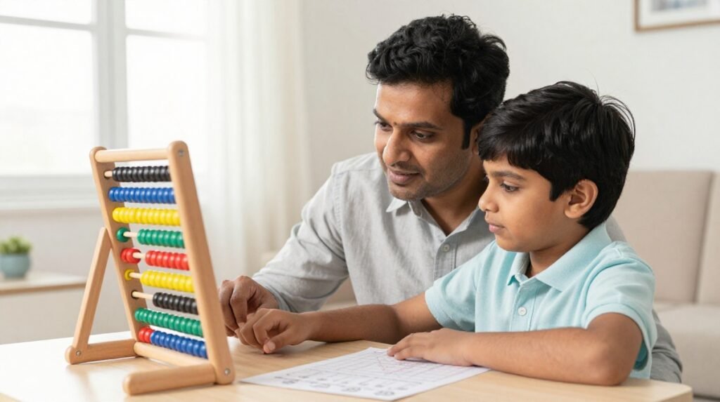 Child using abacus beads to practise basic addition