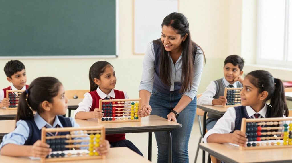 Teacher guiding children through beginner abacus exercises in a classroom.