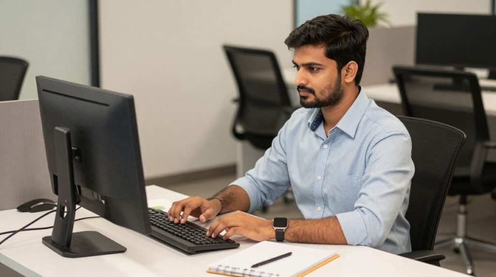 Student practicing basic computer applications during office automation training.