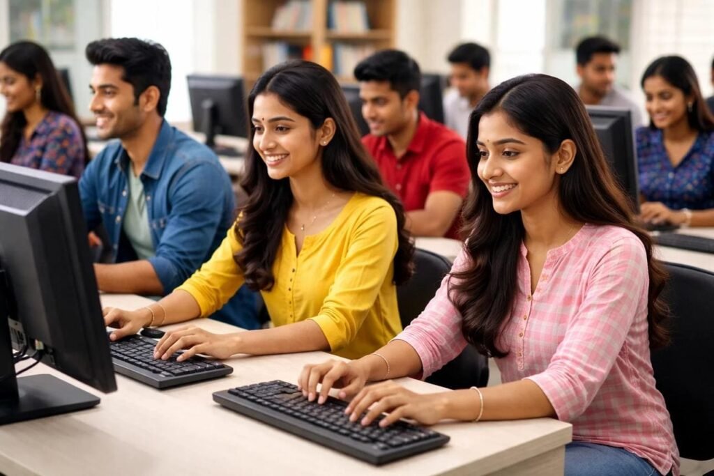 Student practising office applications during COA computer training.