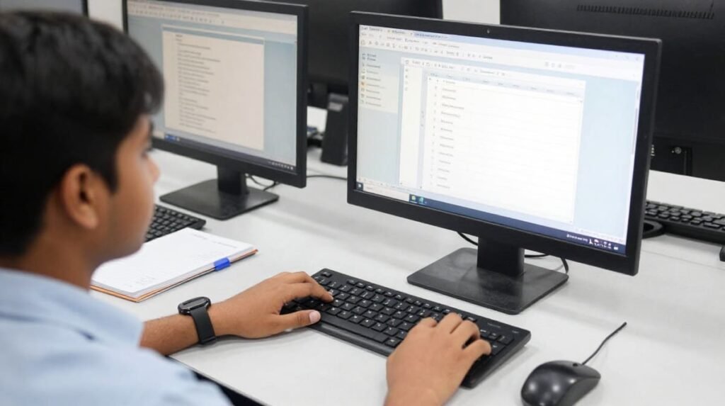 Computer instructor guiding a student during practical training