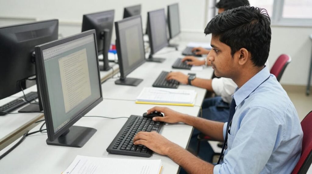 Computer instructor guiding a student during practical training