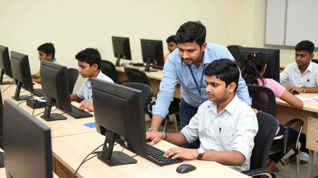 Students practising computer skills in a classroom at a computer training centre.