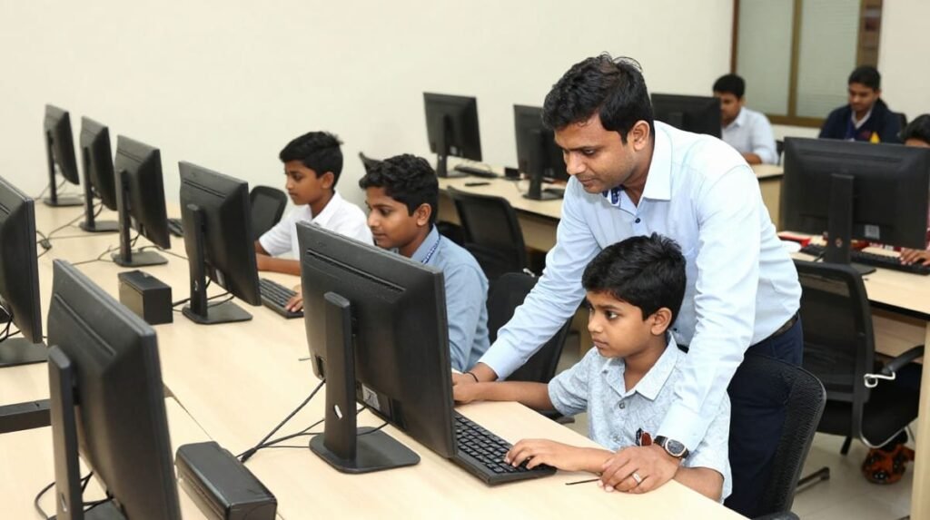 Students practising computer skills in a classroom at a computer training centre.