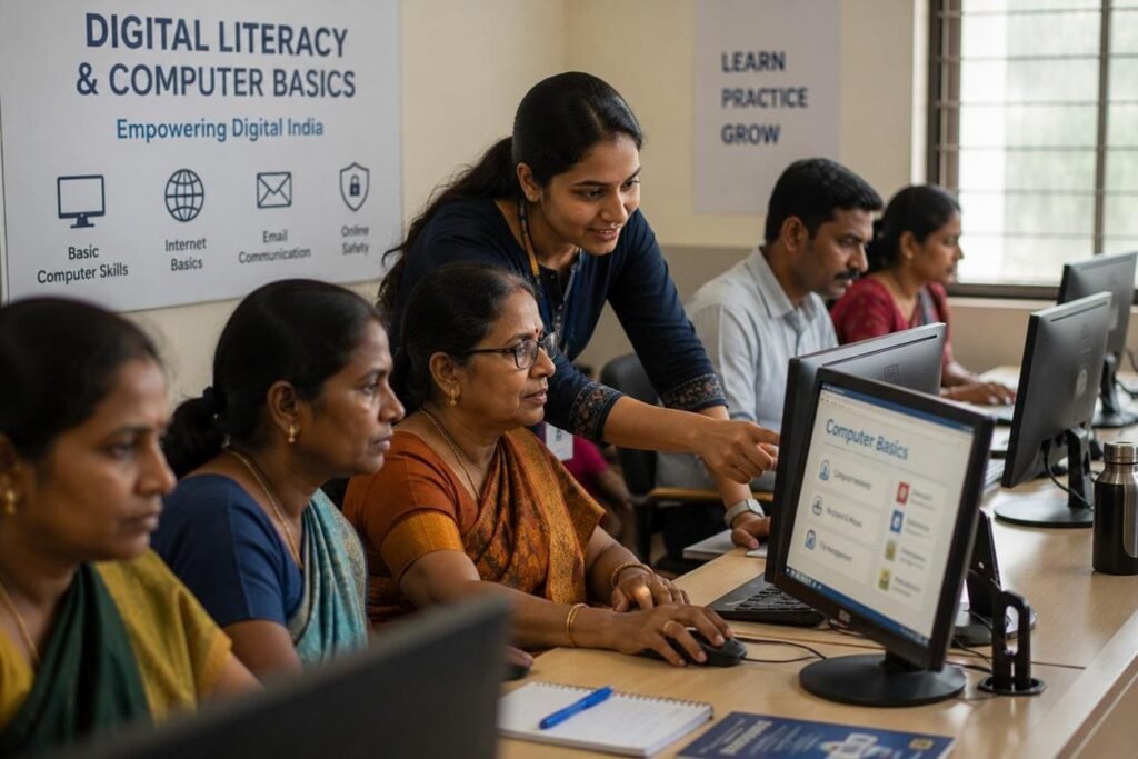 Beginner practising typing and computer tasks to improve digital skills