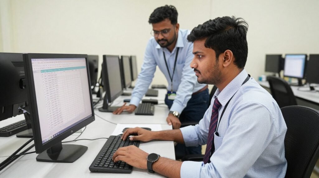 Fresher practising Excel during a computer training session