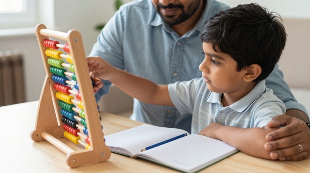 Child moving abacus beads to learn number recognition and addition