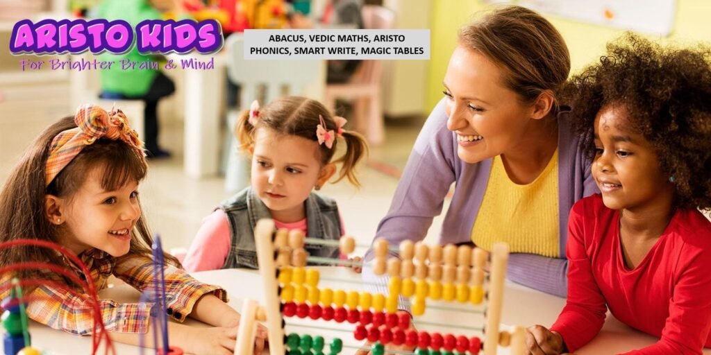 Teacher guiding children during an abacus learning session