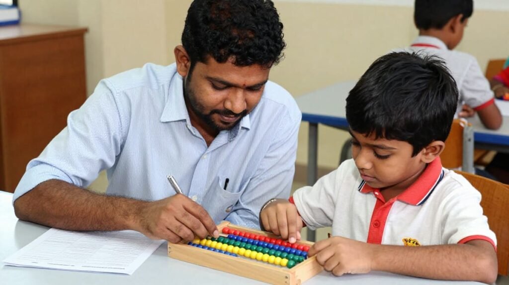 Child practising arithmetic on an abacus during a learning activity.